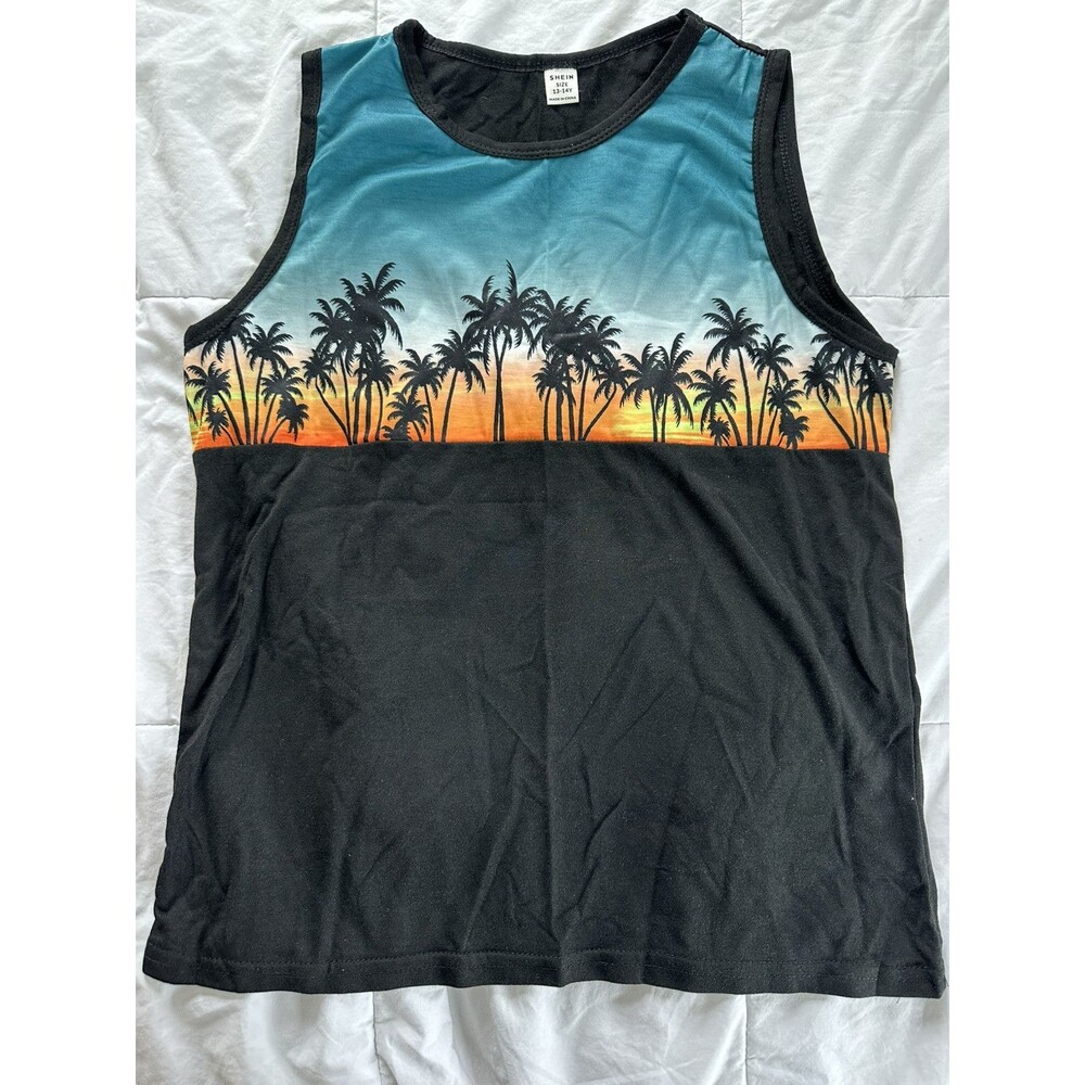 Shein Tween Boy Palm Tree Print Tank Top & Drawstring Shorts 13-14Y - Picture 2 of 7